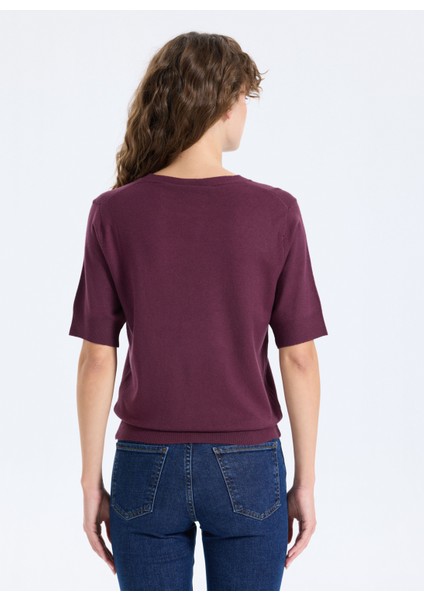 Bisiklet Yaka Basic Düz Örgü Desenli Mürdüm Kazak Kadın J5WL-KZK7130 indirimleri