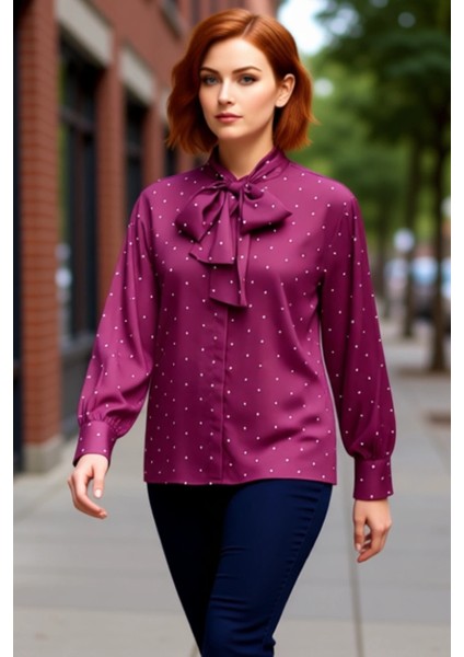Büyük Beden Dokuma Bluz Puantiyeli Tasarım ve Boyundan Bağlamalı Detay Kaliteli Şık Rahat Modern fırsatları