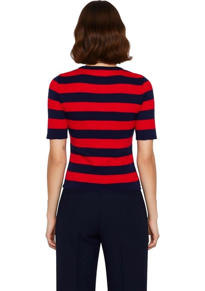 Kadın Triko Bluz Çizgili Bisiklet Yaka Kısa Kollu Polyester Regular Boy Günlük Casual Kullanım Için