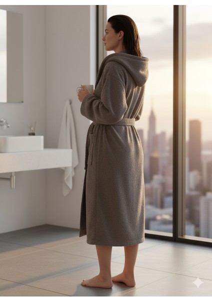 Kapşonlu Bukle Bornoz - Gri