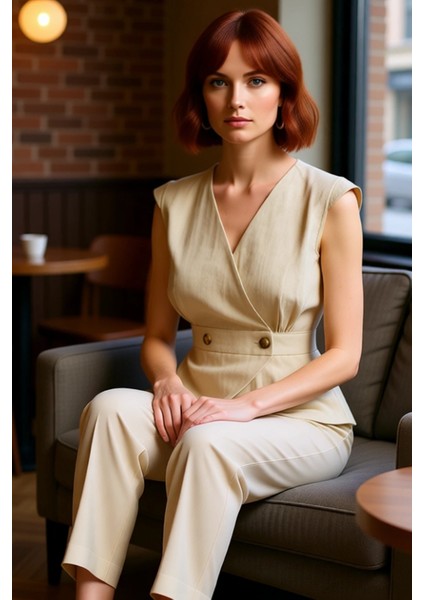 Pamuklu Keten Görünümlü Bluz; V Yaka Düğmeli Kolsuz Fitted Kalıp Özel Tasarım Özenle Seçilmiş fırsatları