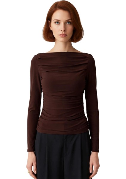 Stil Kadın Drapeli Vücuda Oturan Esnek Bluz Regular Örme Slim Kalıp