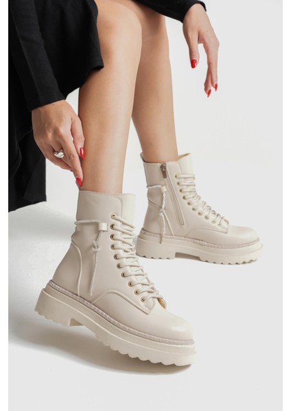 Karma Özel Tasarım Kışlık Bej Kalın Tabanlı Kadın Bot indirimleri