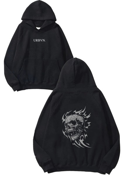 Fire Skull Tasarım Baskılı Oversize Siyah Kapüşonlu Sweatshirt