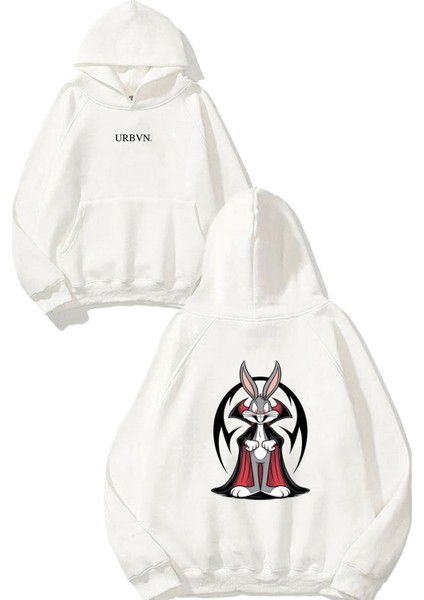 Dracula Bunny Tasarım Baskılı Oversize Beyaz Kapüşonlu Sweatshirt
