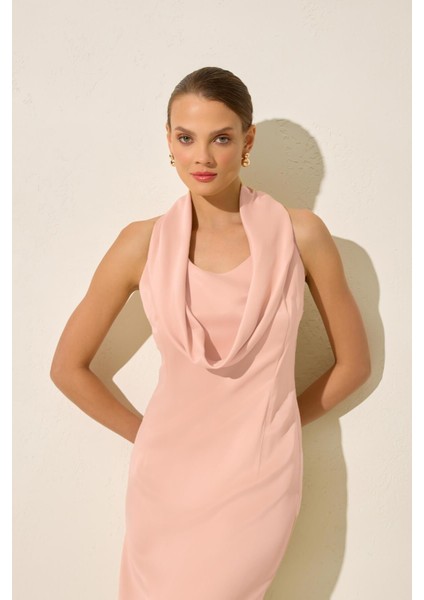 Pudra Yaka Detaylı Kolsuz Tam Kalıp Rahat Kesim Elbise modelleri