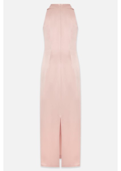 Pudra Yaka Detaylı Kolsuz Tam Kalıp Rahat Kesim Elbise