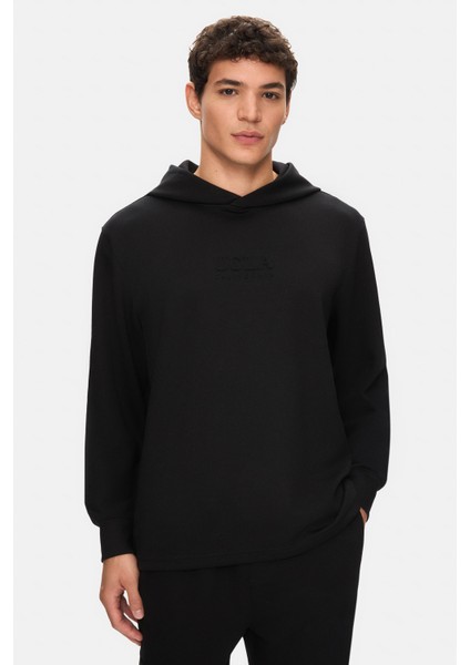 Wınfrey Siyah Kapüşonlu Gofre Baskı Standard Fit Erkek Sweatshirt