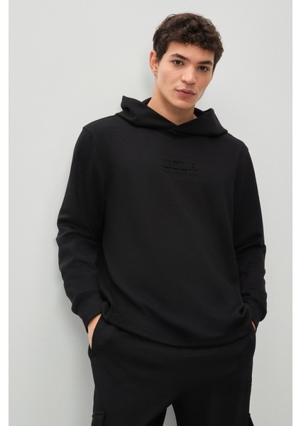 Wınfrey Siyah Kapüşonlu Gofre Baskı Standard Fit Erkek Sweatshirt indirimleri