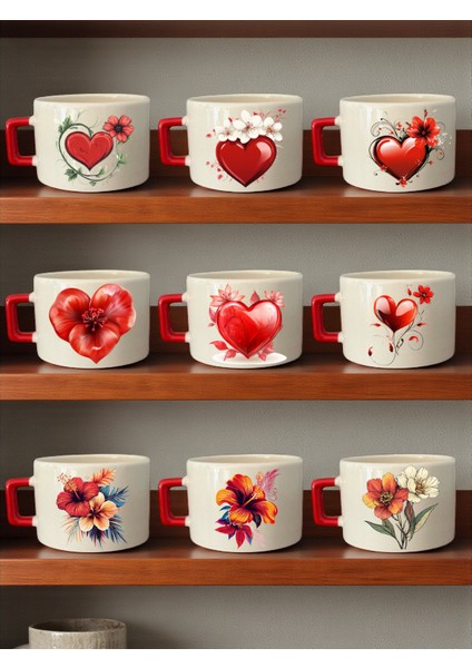 Çiçekler ve Kalpler Baskılı 9'lu Kupa Bardak - Öğretmenler Günü Hediyesi, Öğretmene Hediye