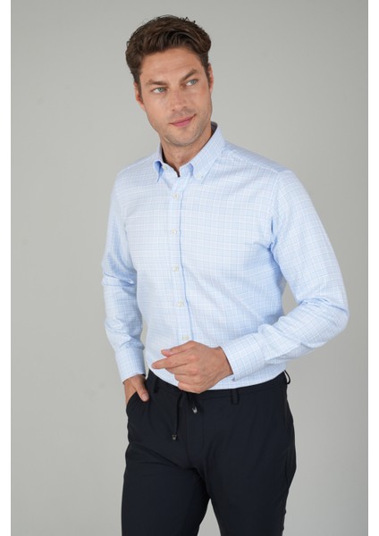Erkek Uzun Kollu Regular Fit Pamuk Açık Mavi Gömlek GMEKS252064_33