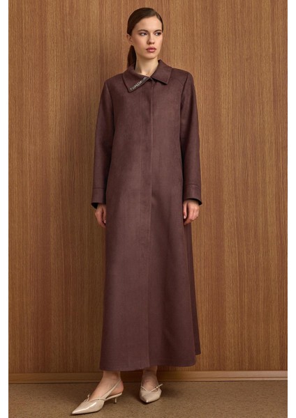 Devrik Yaka Taş Detaylı Süet Görünümlü Büyük Beden Pardesü Kahve 6795 modelleri