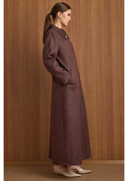 Devrik Yaka Taş Detaylı Süet Görünümlü Büyük Beden Pardesü Kahve 6795