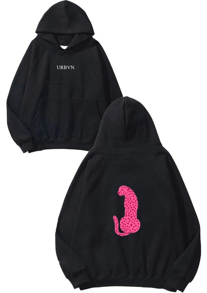 Pembe Leopar Tasarım Baskılı Oversize Siyah Kapüşonlu Sweatshirt