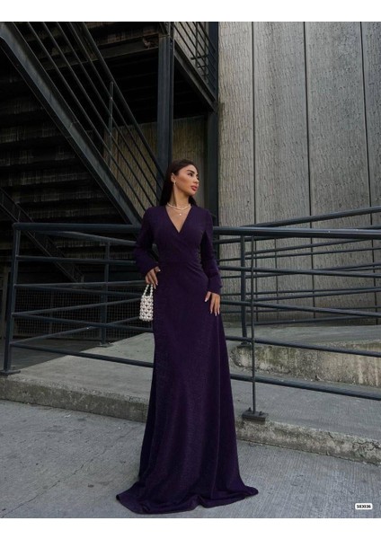 Kruvaze Yaka Uzun Kollu Yırtmaçlı Maxi Boy Abiye Elbise 583036 Mor