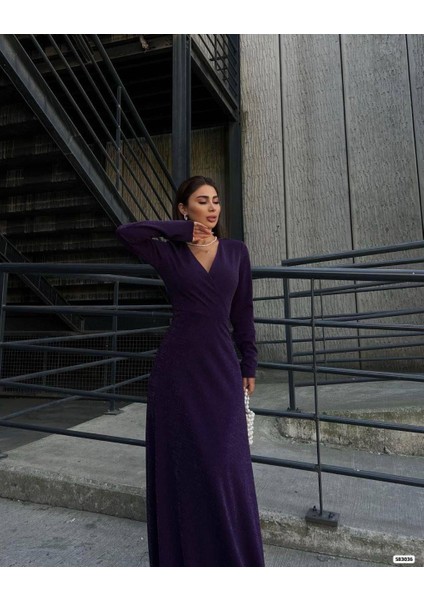 Kruvaze Yaka Uzun Kollu Yırtmaçlı Maxi Boy Abiye Elbise 583036 Mor fiyatları