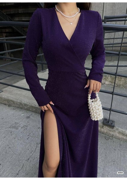 Kruvaze Yaka Uzun Kollu Yırtmaçlı Maxi Boy Abiye Elbise 583036 Mor modelleri