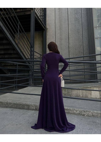 Kruvaze Yaka Uzun Kollu Yırtmaçlı Maxi Boy Abiye Elbise 583036 Mor fırsatları