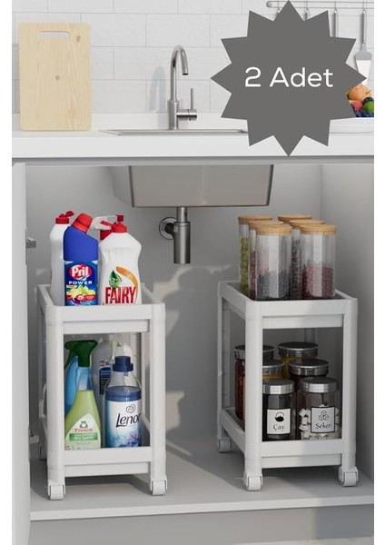 Life 2 Adet 2 Katlı Tekerlekli Tezgah Altı Beyaz Banyo Mutfak Rafı MIT1120 modelleri