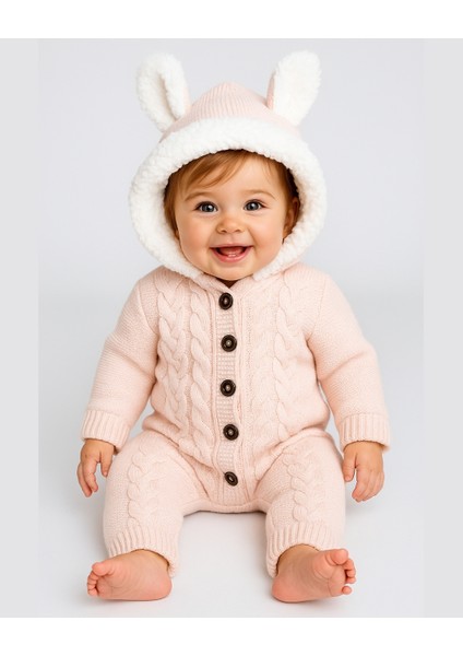 Bebek Triko Tulum – Kapüşonlu Kulak Detaylı Peluş Astarlı Kışlık 6-24 Ay