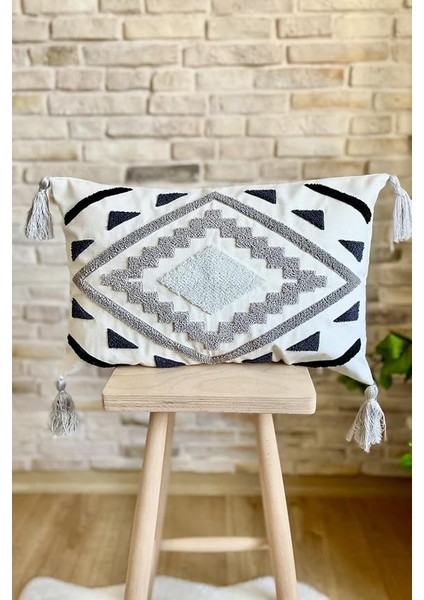 Punch Işlemeli Tekli Dekoratif Özel Tasarım Gri Kırlent Kılıfı (Panç) Geometrik2 30 x 50 SWITANM67