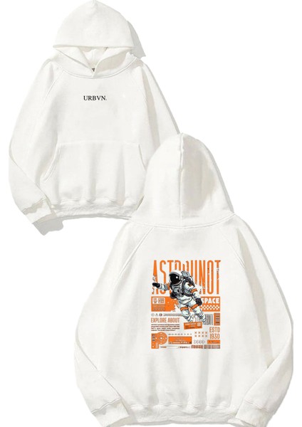 Astronot Tasarım Baskılı Oversize Beyaz Kapüşonlu Sweatshirt