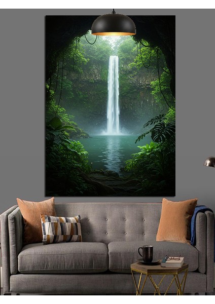 Orman Içinde Saklı Güzel Şelale ve Gölet Dekoratif Kanvas - Mdf Ahşap Tablo