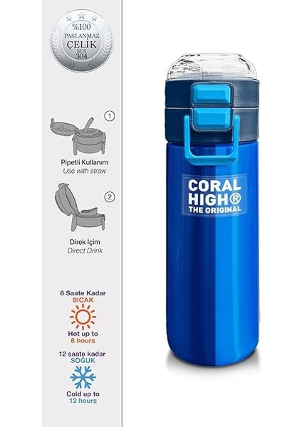 High Erkek Çocuk 500 ml Okul ve Günlük Paslanmaz Çelik Termos - Lacivert Mavi Çizgili Desenli - Sızdırmaz fiyatları