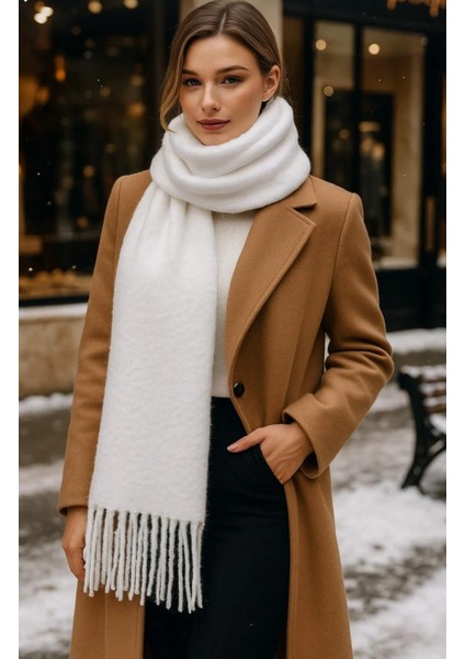 Kadın Basic Ekru Püsküllü Buklet Atkı - Şal