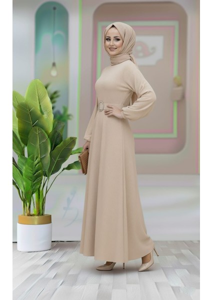 Kemer Detaylı Lastik Kollu Uzun Tesettür Elbise fırsatları