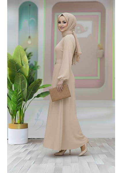 Kemer Detaylı Lastik Kollu Uzun Tesettür Elbise indirimleri