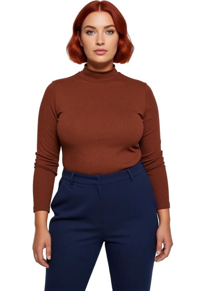 Kadın Dik Yaka Vücuda Oturan Fitilli Örme Bodycone Bluz Büyük Beden Günlük Konforlu modelleri