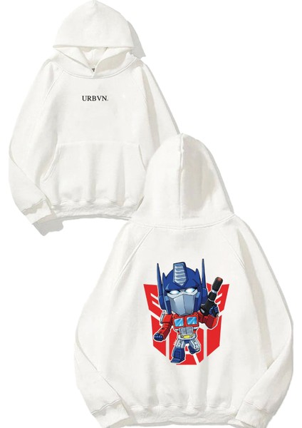 Transformers Tasarım Baskılı Oversize Beyaz Kapüşonlu Sweatshirt