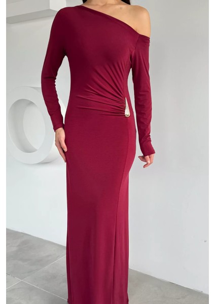 Kadın Omuz Dekolteli Gold Tokalı Drapeli Likralı Elbise P-00018924 fiyatları