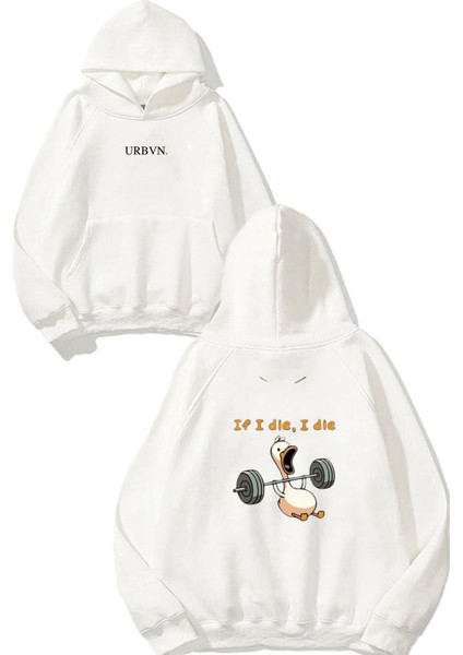 Fitness Duck Tasarım Baskılı Oversize Beyaz Kapüşonlu Sweatshirt