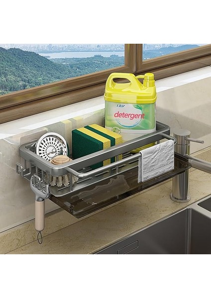 Minimalist Koyu Gri Lavabo Düzenleyici, Tahliye Tavası, Kancalar, Duvara Montaj, Mutfak ve Banyo Aksesuarları Tutucu