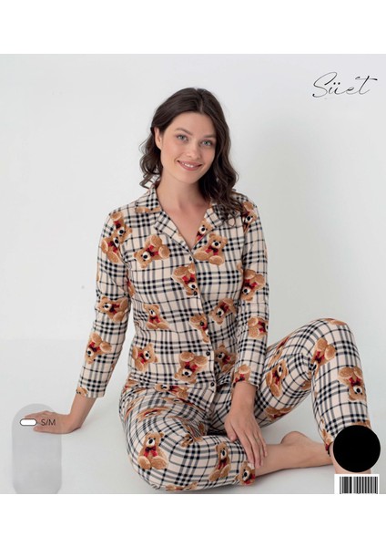 Bej Ekose Ayılı Gömlek Yaka Süet Pijama Takımı