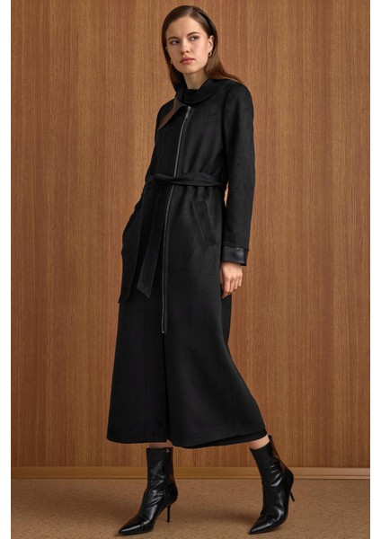 Devrik Yaka Fermuar Kapamalı Deri Garnili Süet Görünümlü Kap Siyah 6804