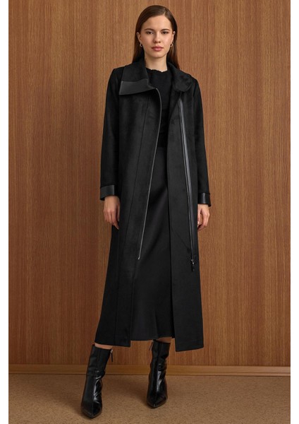 Devrik Yaka Fermuar Kapamalı Deri Garnili Süet Görünümlü Kap Siyah 6804 fiyatları