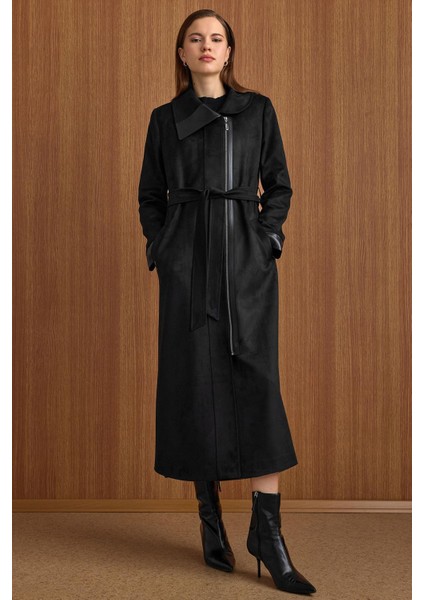 Devrik Yaka Fermuar Kapamalı Deri Garnili Süet Görünümlü Kap Siyah 6804 fırsatları