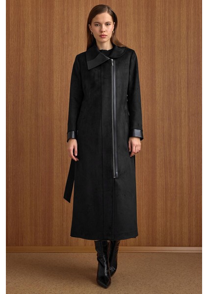 Devrik Yaka Fermuar Kapamalı Deri Garnili Süet Görünümlü Kap Siyah 6804 indirimleri