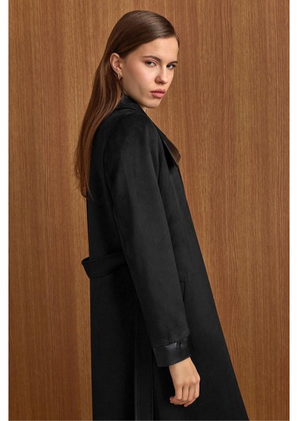 Devrik Yaka Fermuar Kapamalı Deri Garnili Süet Görünümlü Kap Siyah 6804