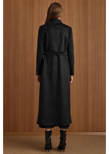 Devrik Yaka Fermuar Kapamalı Deri Garnili Süet Görünümlü Kap Siyah 6804