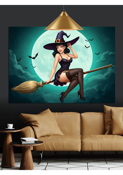 Cadı Süpürge Ay Uçuş Dekoratif Kanvas - Mdf Ahşap Tablo