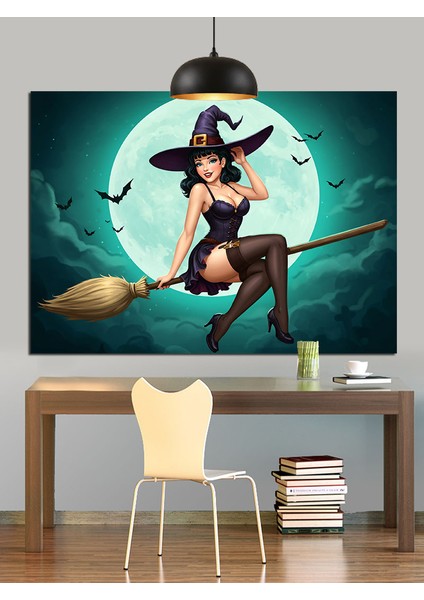 Cadı Süpürge Ay Uçuş Dekoratif Kanvas - Mdf Ahşap Tablo fırsatları