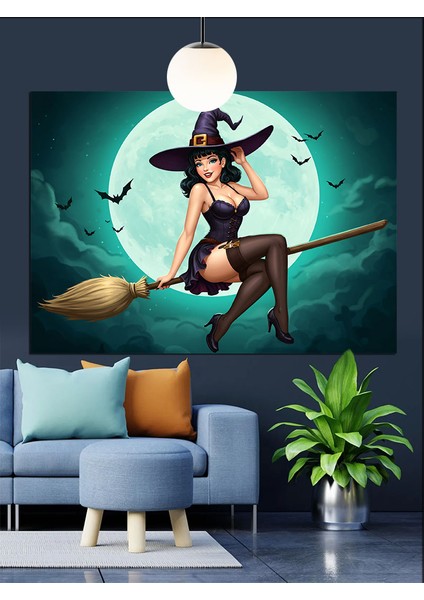 Cadı Süpürge Ay Uçuş Dekoratif Kanvas - Mdf Ahşap Tablo indirimleri