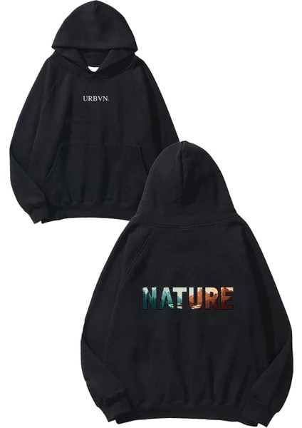 Nature Tasarım Baskılı Oversize Siyah Kapüşonlu Sweatshirt