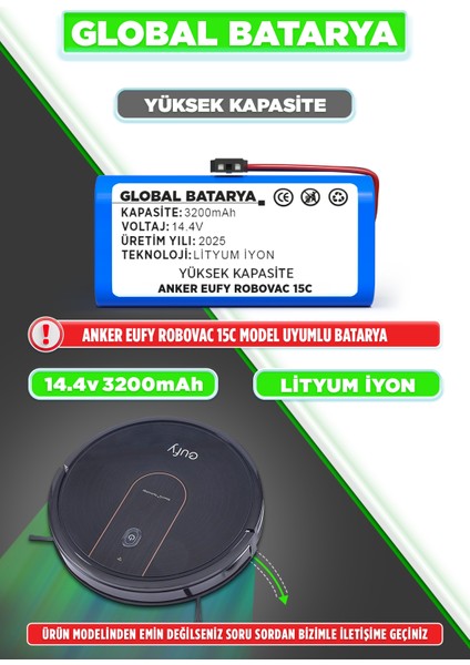 Anker Eufy Robovac 15C Robot Süpürge Bataryası 14.4v 3200mAh Li-ion Pil (Yüksek Kapasite)