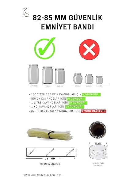 Market Standart Kavanoz Güvenlik Emniyet Bandı 100 Adet, 82-85 mm Ağız Çapına Uygun, 137X30 mm Boyut, Baskılı fiyatları