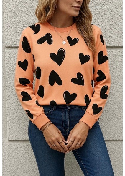 Mdb Kadın Uzun Kollu Bisiklet Yaka Kalp Desenli Iki Iplik Bluz modelleri